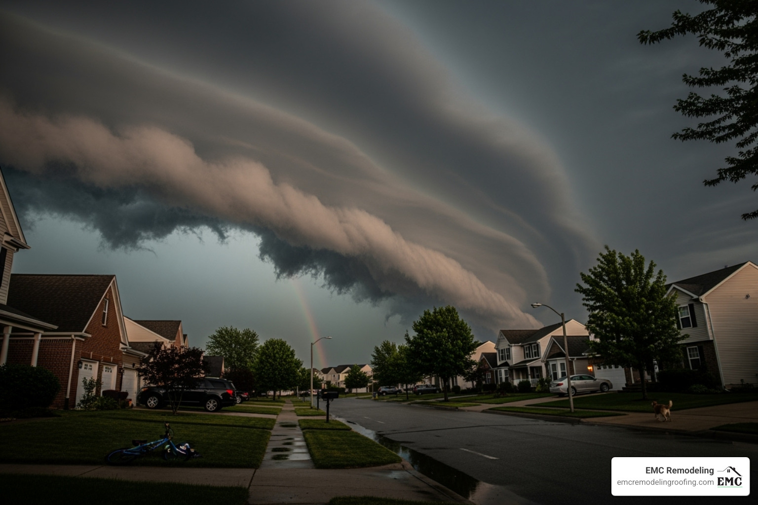 dark storm cloud over a residential area - local roof repair dark storm cloud over a residential area - local roof repair