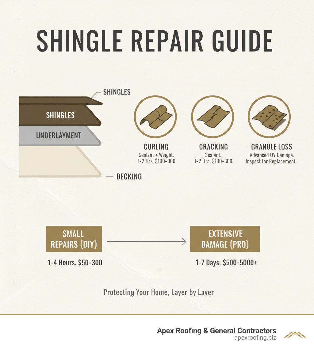 Comprehensive guide to shingle repair showing the anatomy of a roof with labeled layers including decking, underlayment, and shingles, plus common damage types like curling, cracking, and missing granules with repair timeframes and cost ranges - shingle repair infographic Comprehensive guide to shingle repair showing the anatomy of a roof with labeled layers including decking, underlayment, and shingles, plus common damage types like curling, cracking, and missing granules with repair timeframes and cost ranges - shingle repair infographic