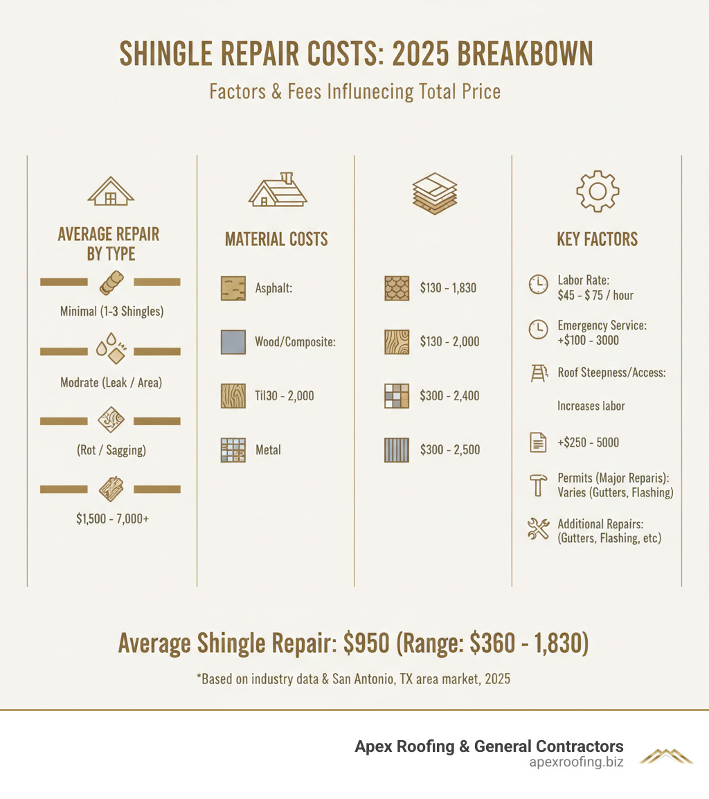 Infographic showing average costs for different types of shingle repair, including labor rates and emergency service fees, with a clear breakdown of factors influencing the total price - shingle repair infographic Infographic showing average costs for different types of shingle repair, including labor rates and emergency service fees, with a clear breakdown of factors influencing the total price - shingle repair infographic
