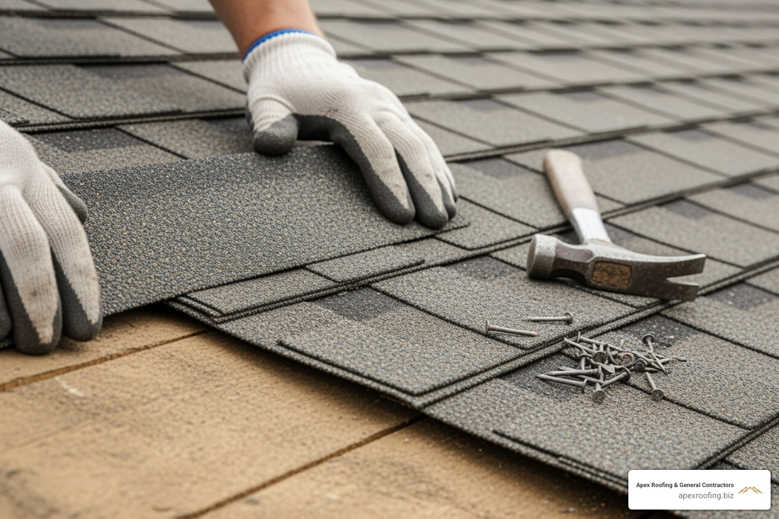 A close-up image showing a roofer's hands carefully sliding a new asphalt shingle into place under an existing shingle layer, with a hammer and nails nearby - shingle repair A close-up image showing a roofer's hands carefully sliding a new asphalt shingle into place under an existing shingle layer, with a hammer and nails nearby - shingle repair