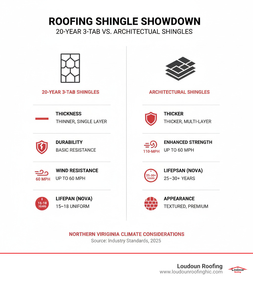 Infographic showing comparison between 20-year 3-tab shingles and architectural shingles, highlighting differences in thickness, layers, durability, wind resistance, and typical lifespan in Northern Virginia climate - 20 year asphalt roofing shingles infographic 