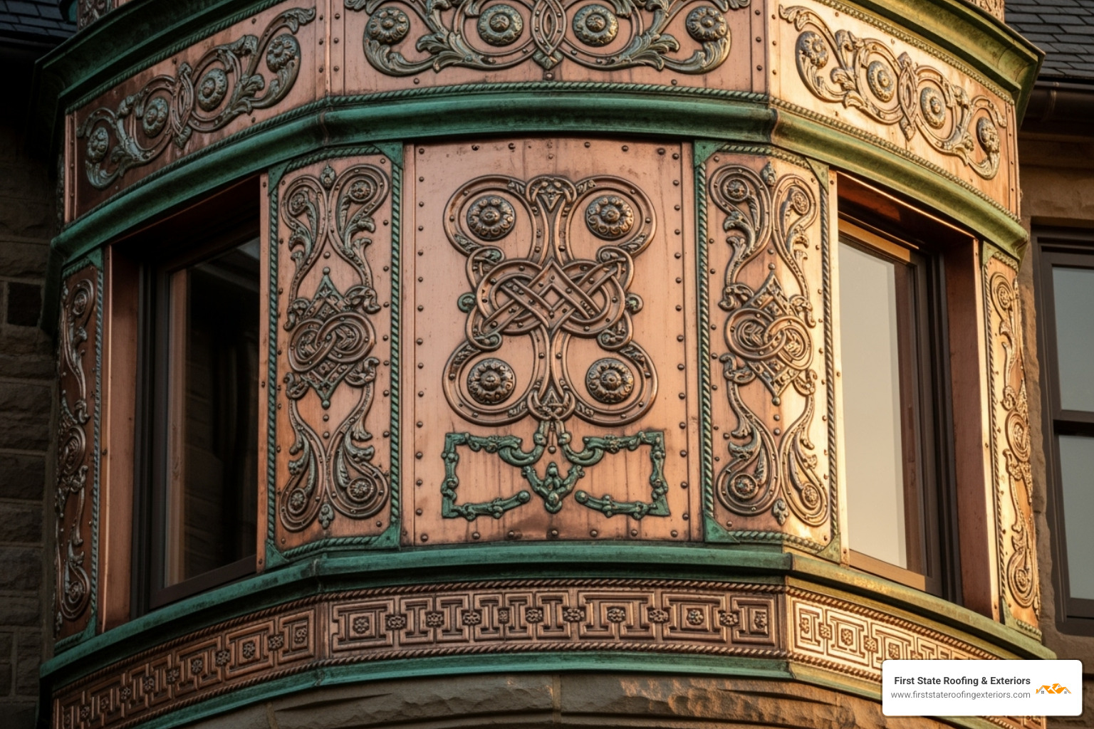 intricate copper detail work on a turret or bay window - copper roof repair near me