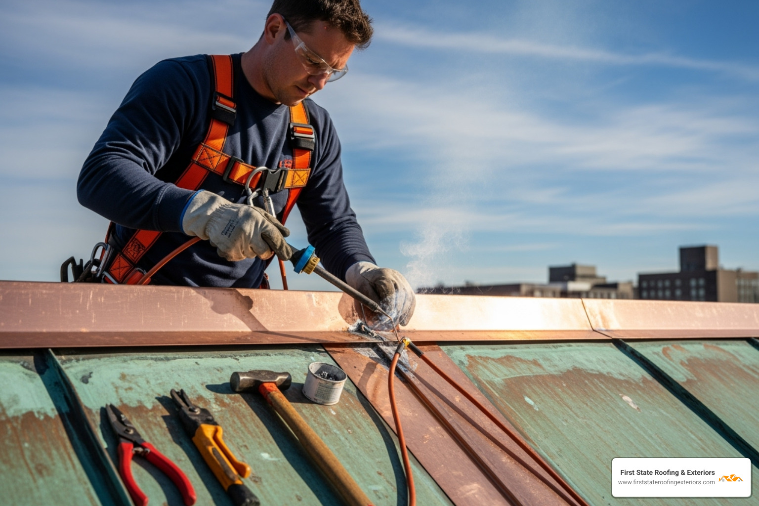 skilled roofer carefully soldering a copper roof seam with safety harness - copper roof repair near me