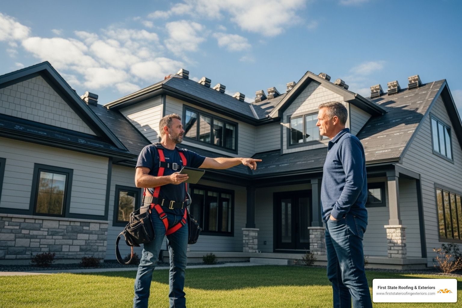 roofer discussing plans with homeowner - metal roofing dover delaware