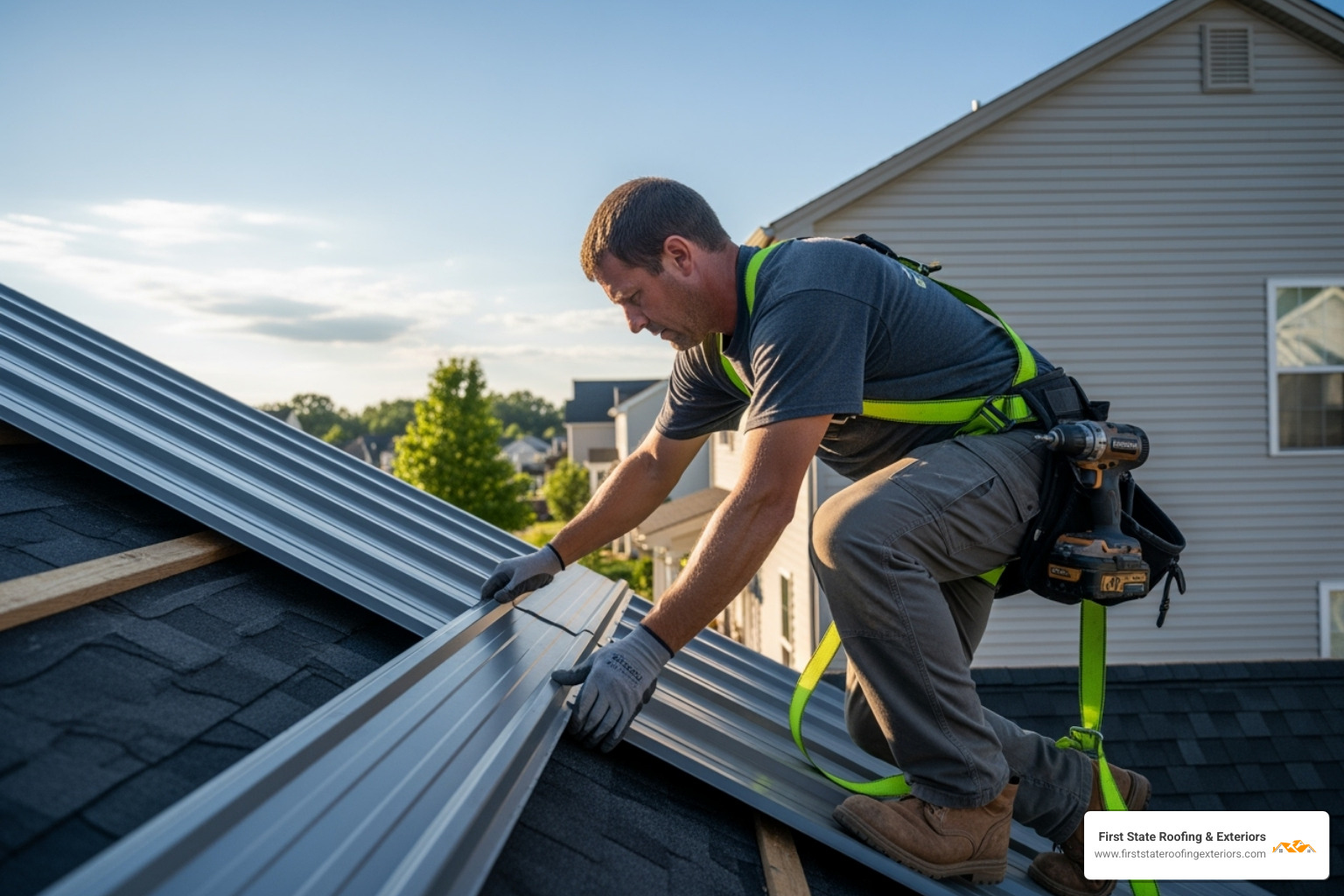 roofer installing metal roof - metal roofing dover delaware