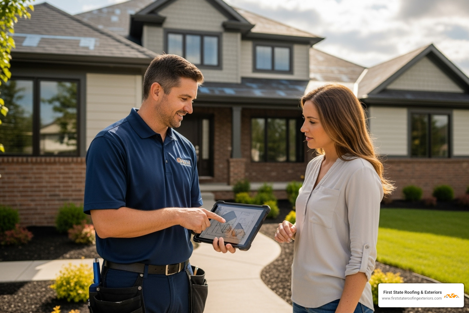 contractor discussing plans with homeowner - tin roof contractors near me