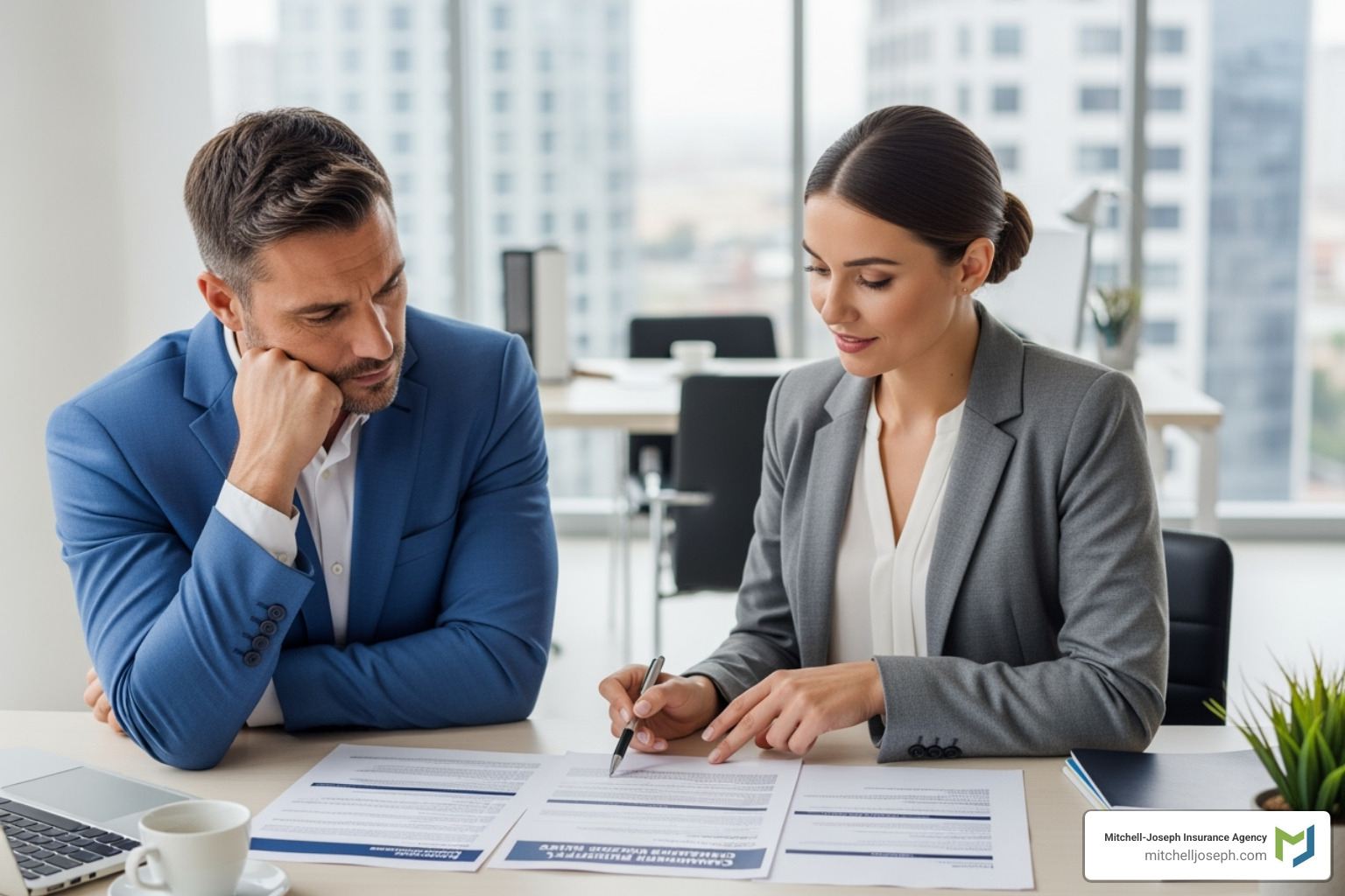 business owner reviewing an insurance policy with an agent - business auto insurance