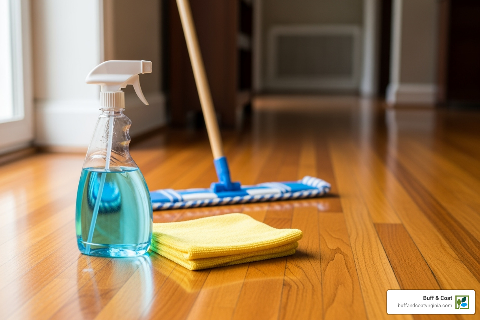 cleaning supplies next to a gleaming floor - wood flooring Chesterfield cleaning supplies next to a gleaming floor - wood flooring Chesterfield
