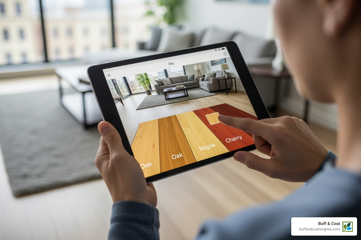 person using a tablet with a room visualizer app - wood flooring Chesterfield person using a tablet with a room visualizer app - wood flooring Chesterfield