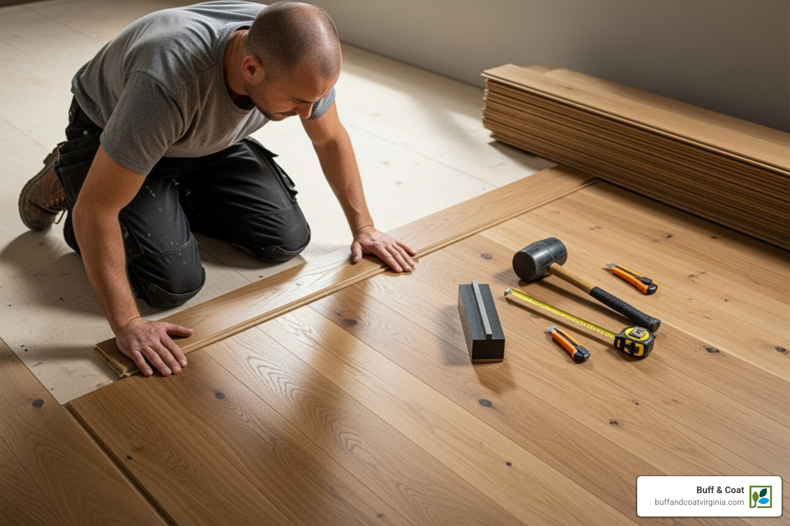 professional installer laying a hardwood plank - wood flooring Chesterfield professional installer laying a hardwood plank - wood flooring Chesterfield
