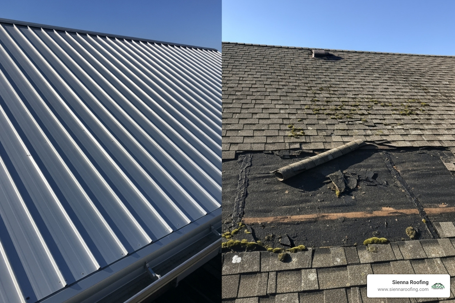 Chart comparing the lifespan of metal roofs (40-70+ years) to asphalt shingles (15-30 years) - average cost to tear off and replace roof with metal