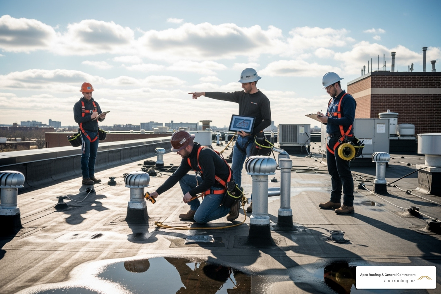 Roofing team conducting a professional inspection on a large commercial roof - Commercial roofing Helotes Roofing team conducting a professional inspection on a large commercial roof - Commercial roofing Helotes