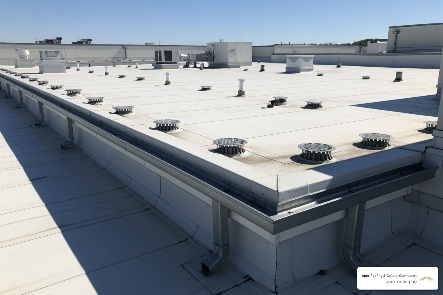 Clean commercial roof with clear gutters and drains - Commercial roofing Helotes Clean commercial roof with clear gutters and drains - Commercial roofing Helotes