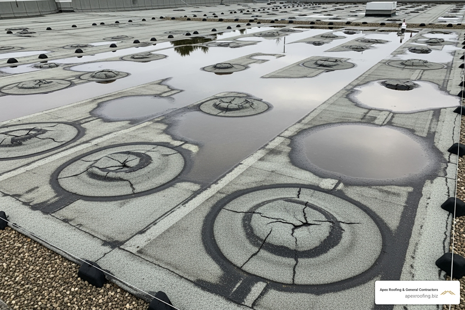 Commercial roof with visible blistering and ponding water - Commercial roofing Helotes Commercial roof with visible blistering and ponding water - Commercial roofing Helotes