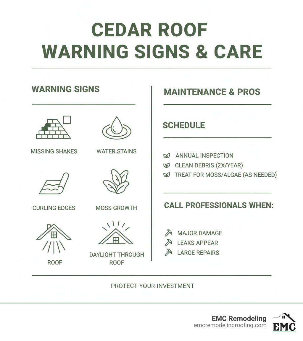 Infographic showing cedar shake roof repair warning signs including missing shakes, water stains, moss growth, curling edges, and visible daylight through roof, along with recommended maintenance schedule and when to call professionals - cedar shake roof repair near me infographic Infographic showing cedar shake roof repair warning signs including missing shakes, water stains, moss growth, curling edges, and visible daylight through roof, along with recommended maintenance schedule and when to call professionals - cedar shake roof repair near me infographic