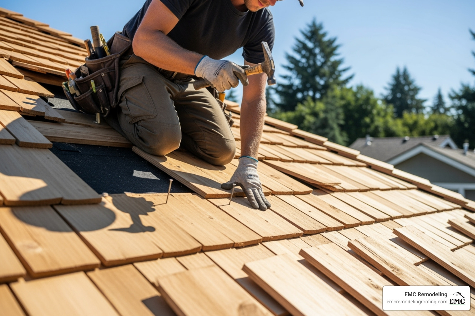 A roofer carefully installing a new cedar shake, ensuring proper alignment and fastening - cedar shake roof repair near me A roofer carefully installing a new cedar shake, ensuring proper alignment and fastening - cedar shake roof repair near me