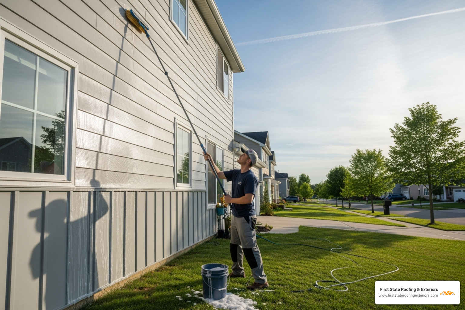 Person cleaning metal siding on a house - metal siding installation
