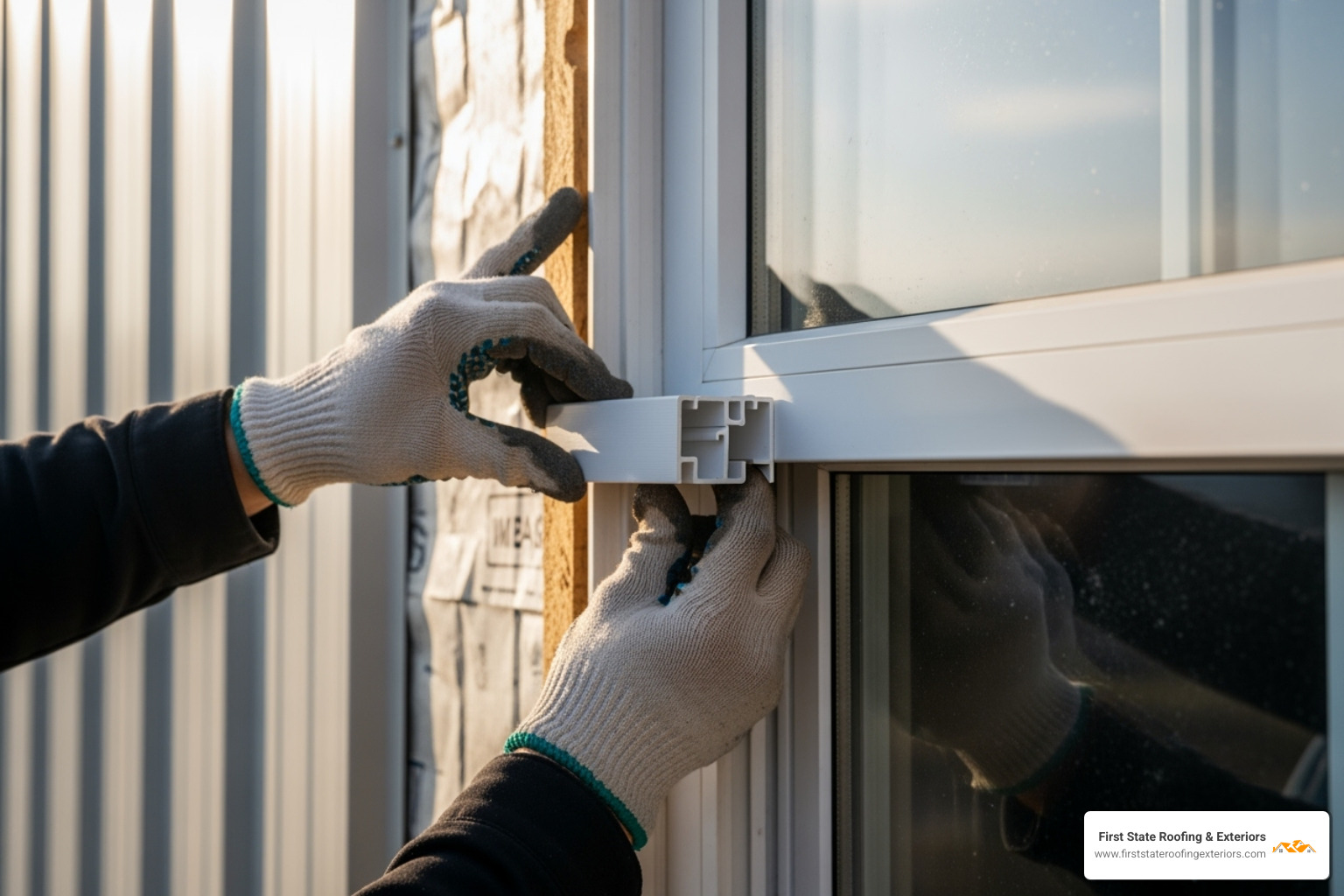 J-channel being carefully installed around a window frame - metal siding installation