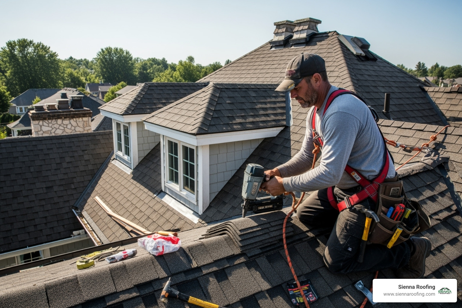 roofing contractor in safety harness on a complex roof with a steep pitch, multiple valleys, and dormers - average cost to tear off and replace roof