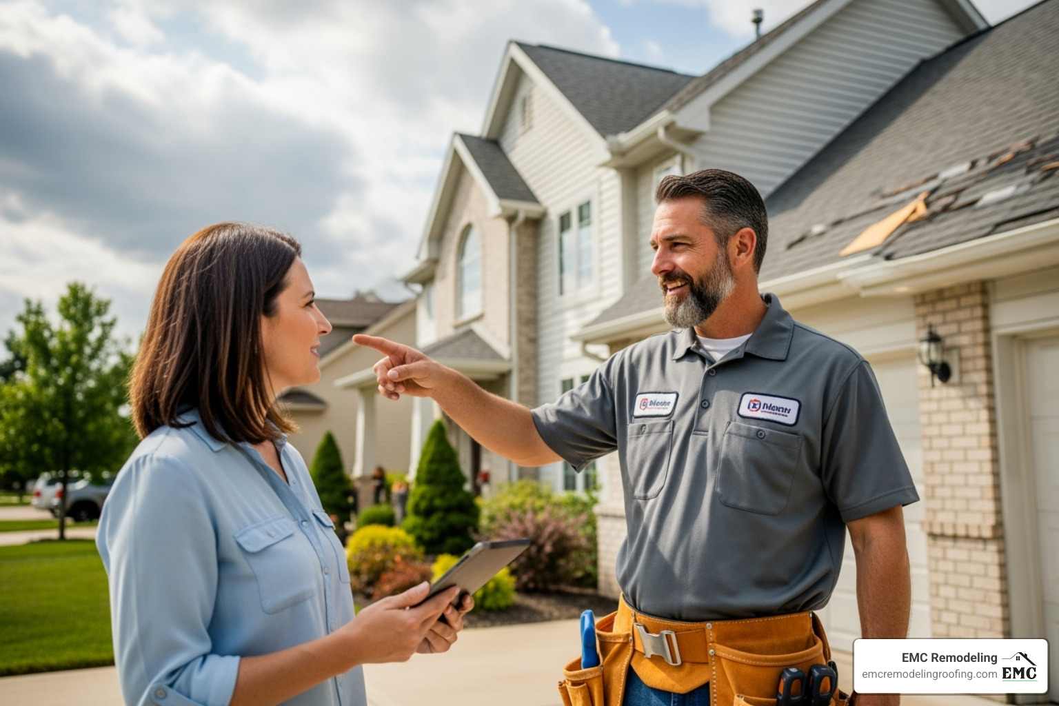 A friendly, professional roofer talking with a homeowner, pointing towards the roof - cedar shake roof repair near me A friendly, professional roofer talking with a homeowner, pointing towards the roof - cedar shake roof repair near me