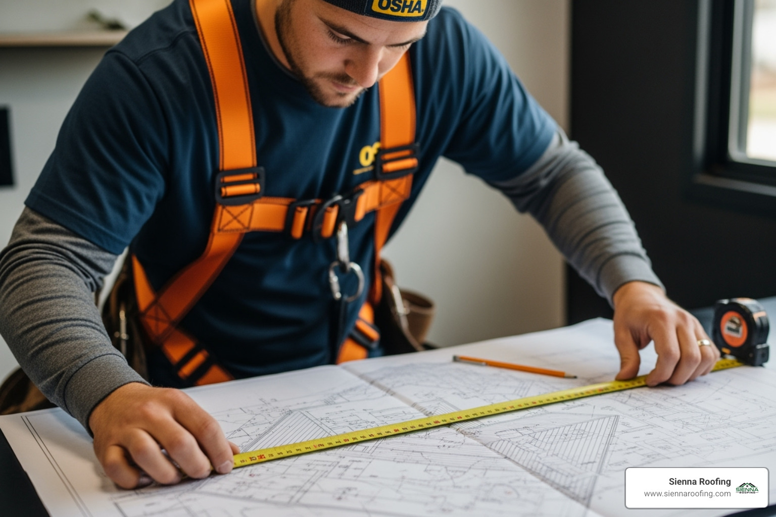 roofing contractor using a measuring tape on a roof plan - average cost to tear off and replace roof