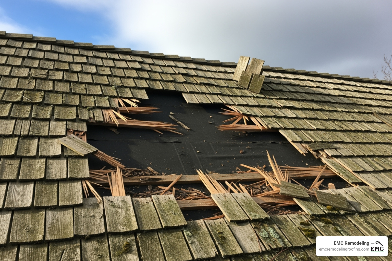 A cedar roof with visible hail or wind damage, showing cracked and missing shakes - cedar shake roof repair near me A cedar roof with visible hail or wind damage, showing cracked and missing shakes - cedar shake roof repair near me
