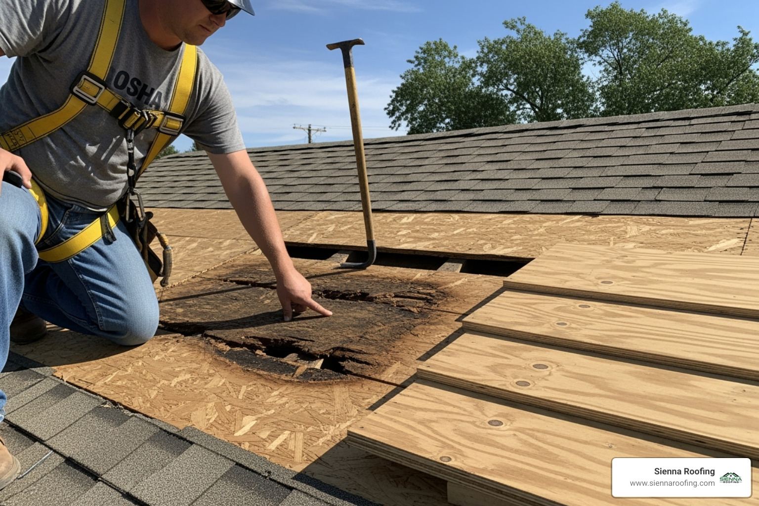 roofer in safety harness inspecting and replacing rotted roof decking - average cost to tear off and replace roof