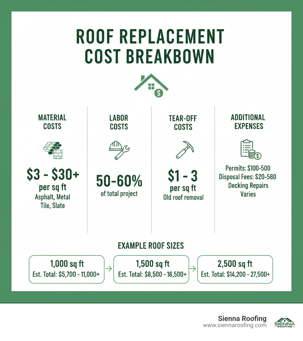 Comprehensive infographic showing roof replacement cost breakdown including material costs ranging from $3-30+ per square foot, labor costs at 50-60% of total project, tear-off costs at $1-3 per square foot, and additional expenses like permits and disposal fees, with examples for different roof sizes from 1,000 to 2,500 square feet - average cost to tear off and replace roof infographic 