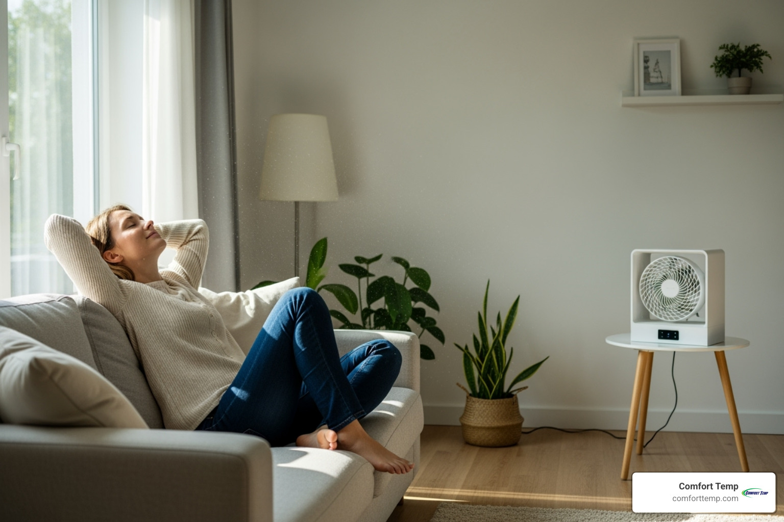person enjoying fresh air in their home, with the DIY purifier subtly in the background - diy uv air purifier person enjoying fresh air in their home, with the DIY purifier subtly in the background - diy uv air purifier