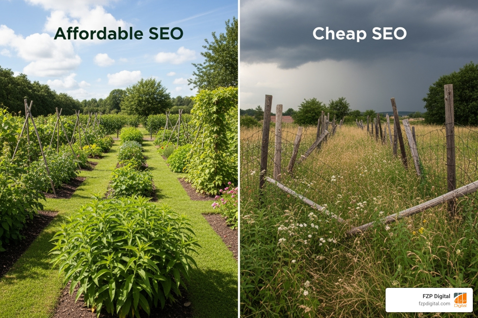 A table comparing Affordable SEO vs. Cheap SEO across various dimensions such as strategy, tactics, reporting, and expected outcomes. The Affordable SEO column emphasizes ethical practices, transparency, and long-term results, while the Cheap SEO column highlights black-hat tactics, hidden costs, and potential penalties. - Affordable SEO services