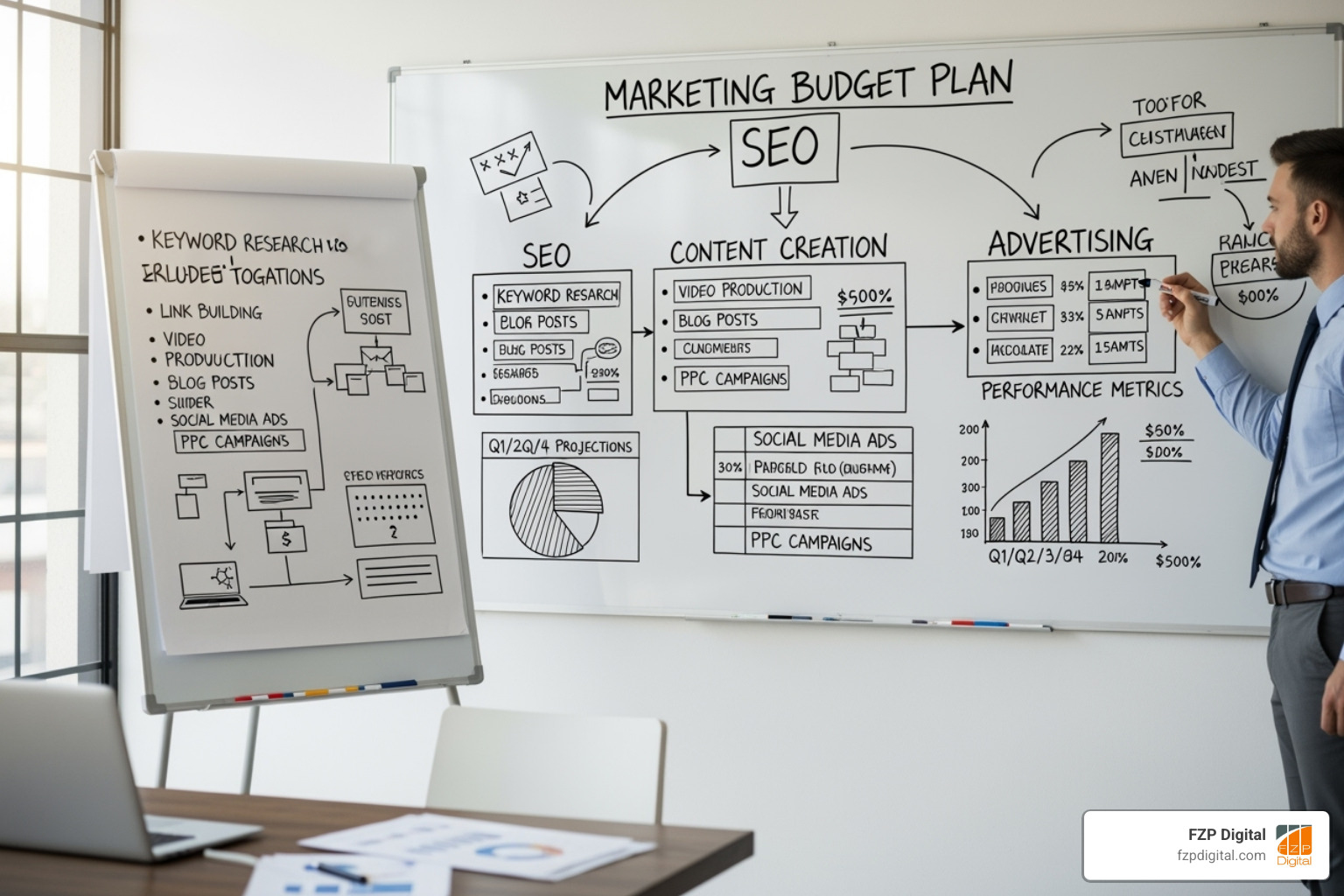 A person at a whiteboard, sketching out a detailed marketing budget plan with sections for SEO, content creation, and advertising, demonstrating thoughtful financial allocation for digital growth. - Affordable SEO services