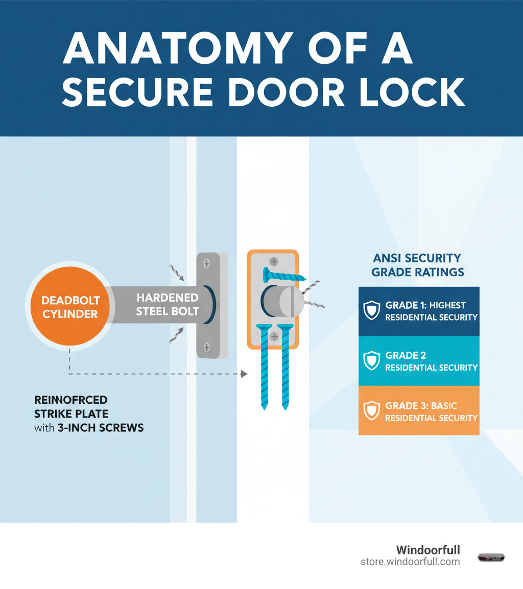 Infographic showing the anatomy of a secure door lock system including deadbolt cylinder, hardened steel bolt, reinforced strike plate with 3-inch screws, and ANSI security grade ratings from 1 to 3 - secure door locks infographic 