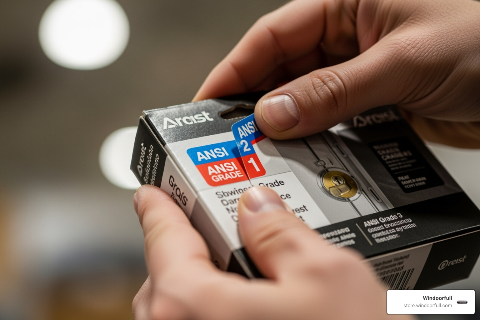 a person examining a lock's packaging, focusing on the ANSI grade label - secure door locks