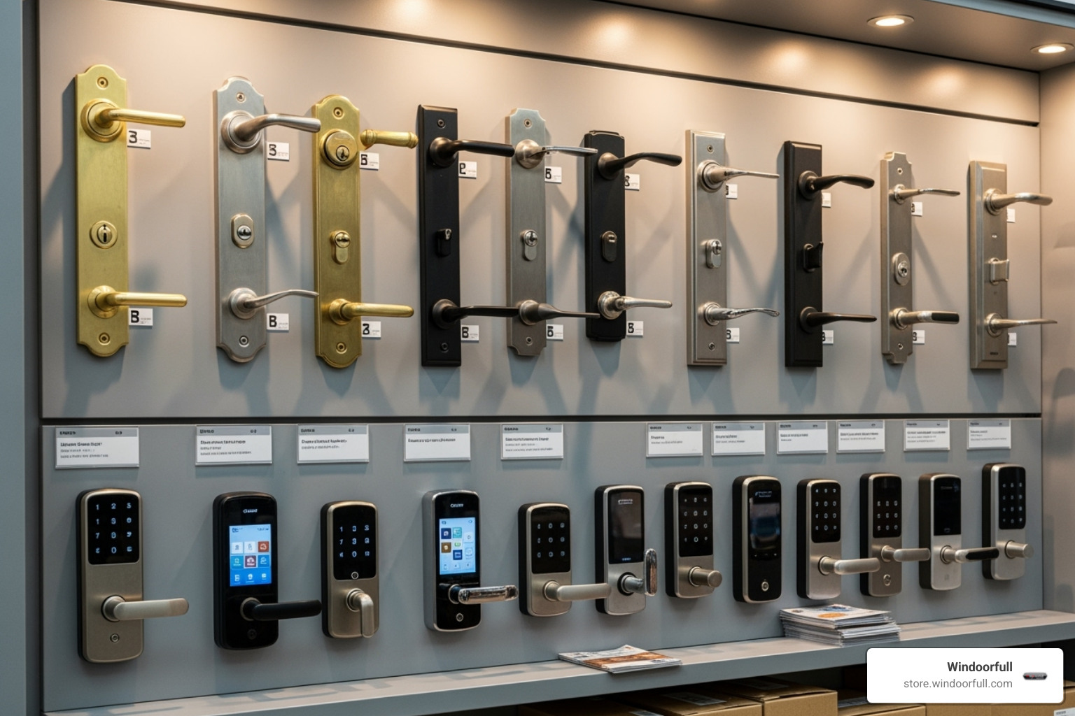 a display showing various lock types like deadbolts, handlesets, and smart locks - secure door locks