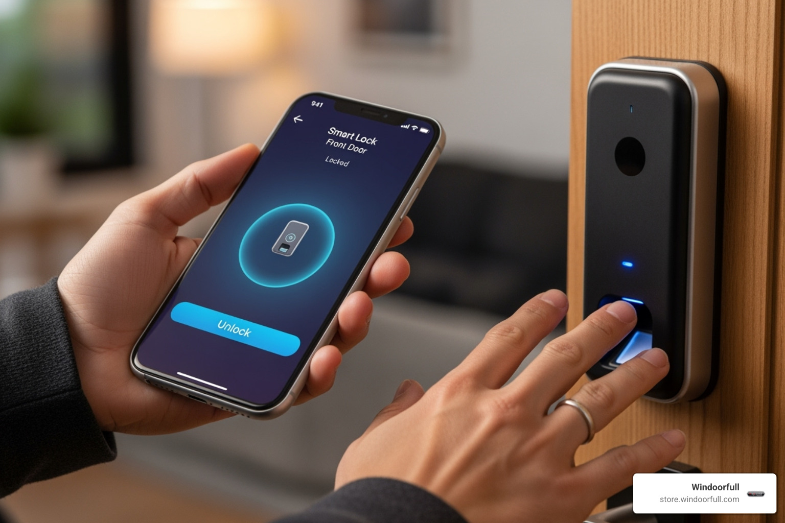 a person open uping a smart lock with a smartphone app - secure door locks
