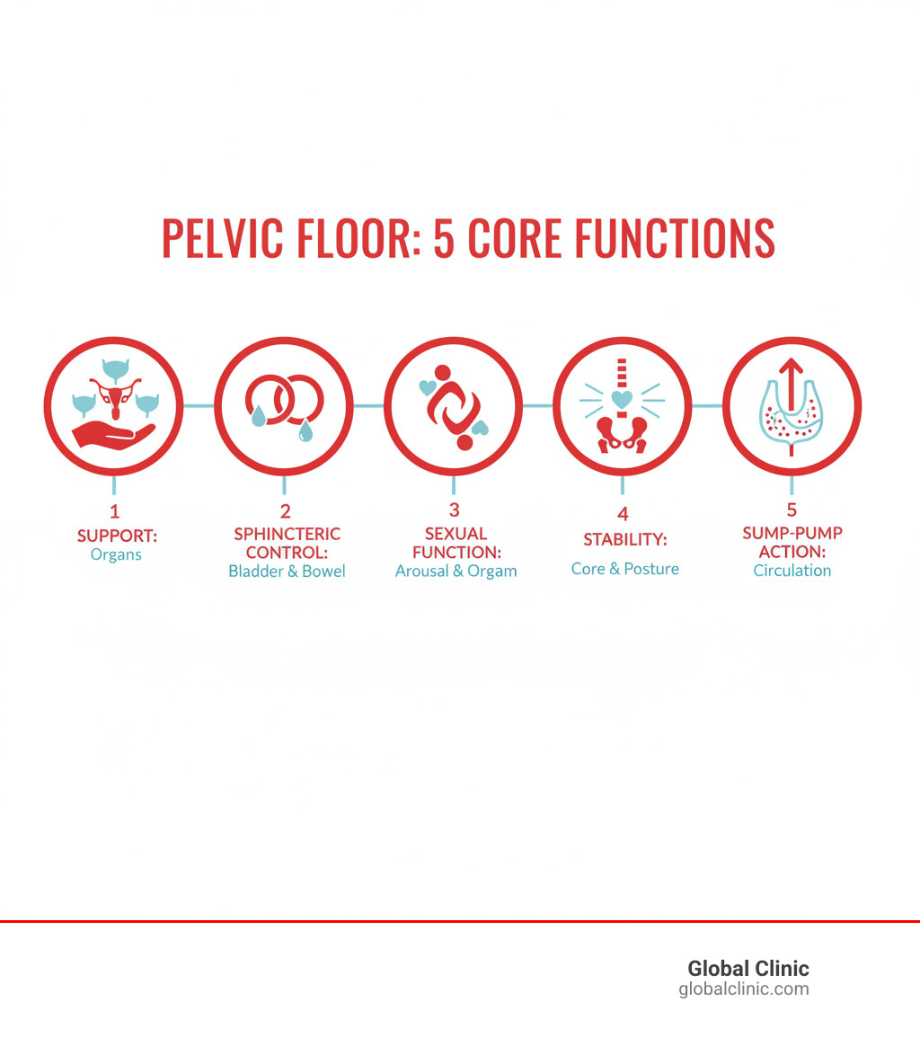 Infographic showing the 5 core functions of the pelvic floor muscles: Support (holding up pelvic organs like bladder and uterus), Sphincteric control (managing bladder and bowel function), Sexual function (contributing to arousal and orgasm), Stability (providing core support for posture and movement), and Sump-pump action (assisting blood and lymph circulation in the pelvis) - pelvic floor massage infographic  Infographic showing the 5 core functions of the pelvic floor muscles: Support (holding up pelvic organs like bladder and uterus), Sphincteric control (managing bladder and bowel function), Sexual function (contributing to arousal and orgasm), Stability (providing core support for posture and movement), and Sump-pump action (assisting blood and lymph circulation in the pelvis) - pelvic floor massage infographic