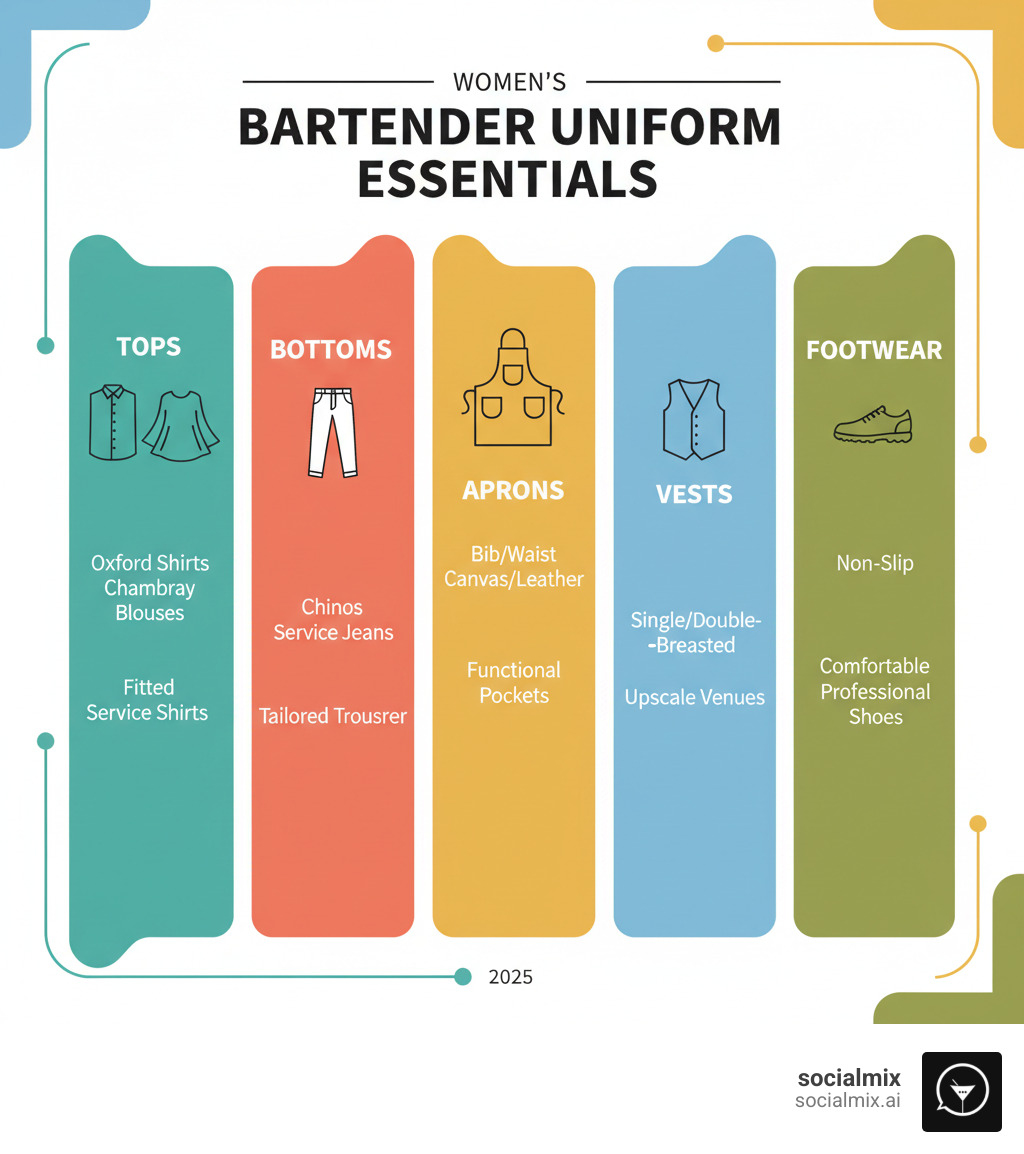 Comprehensive breakdown of women's bartender uniform essentials showing tops like Oxford shirts and chambray blouses, bottoms including chinos and service jeans, protective aprons with functional pockets, professional vests for upscale venues, and non-slip footwear options - women bartender uniforms infographic 