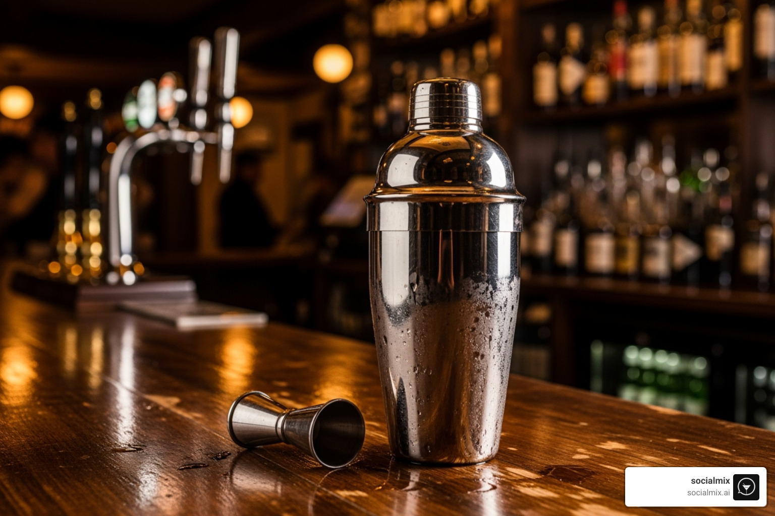 A classic Boston shaker, symbolizing the efficient and approachable service in a casual pub setting - women bartender uniforms