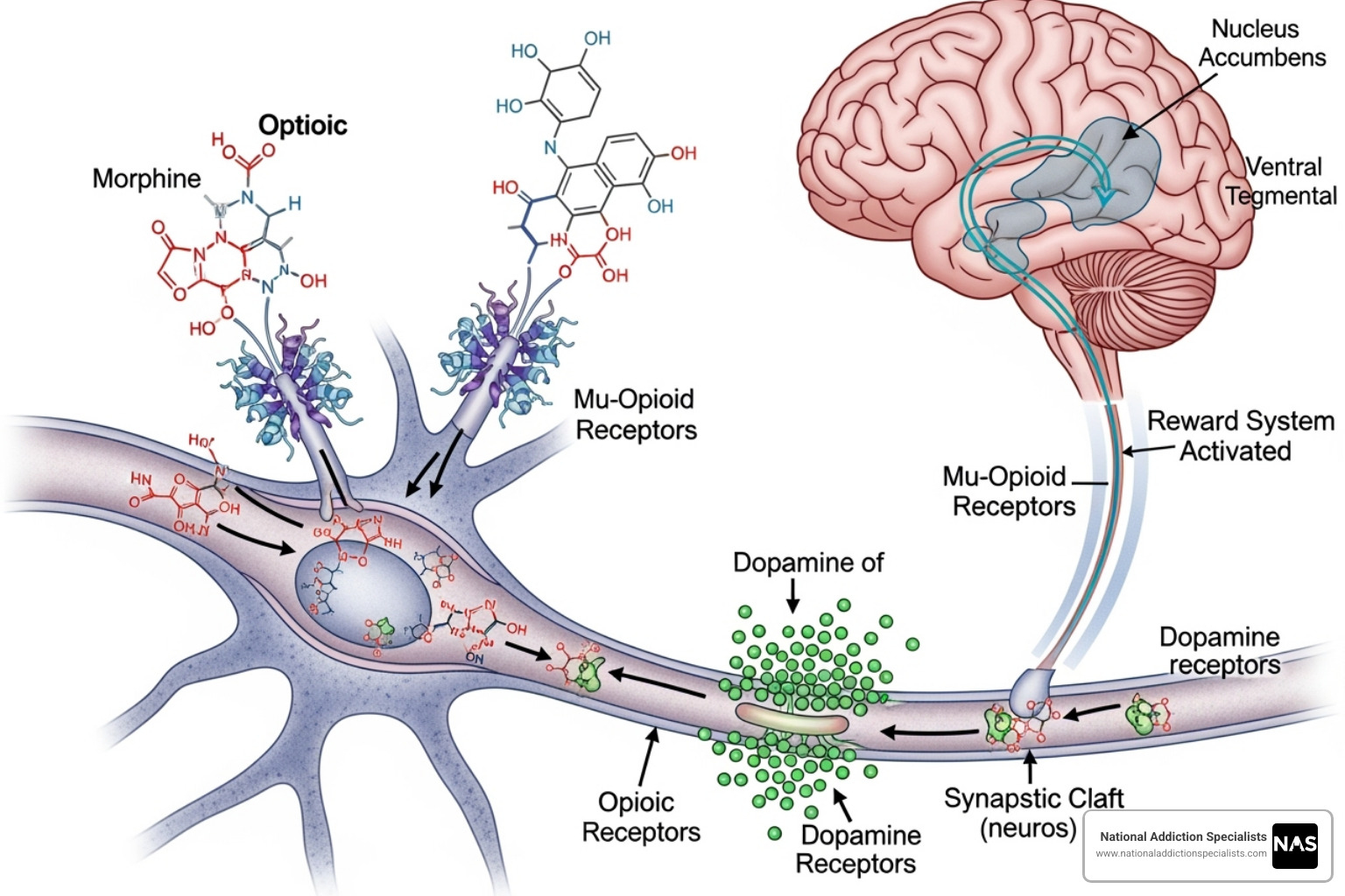 A diagram illustrating how opioids bind to opioid receptors in the brain, activating the reward system and increasing dopamine release, leading to feelings of pleasure and pain relief, which can contribute to the cycle of addiction - what does recovery from opioid addiction involve A diagram illustrating how opioids bind to opioid receptors in the brain, activating the reward system and increasing dopamine release, leading to feelings of pleasure and pain relief, which can contribute to the cycle of addiction - what does recovery from opioid addiction involve