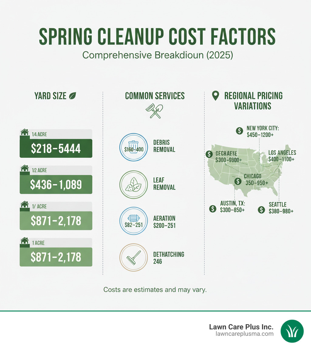 Comprehensive breakdown showing spring cleanup cost factors including yard size (1/4 acre: $218-$544, 1/2 acre: $436-$1,089, 1 acre: $871-$2,178), common services (debris removal: $160-$400, leaf removal: $200-$400, aeration: $82-$251, dethatching: $146-$246), and regional pricing variations across major US cities - spring cleanup landscaping cost infographic 