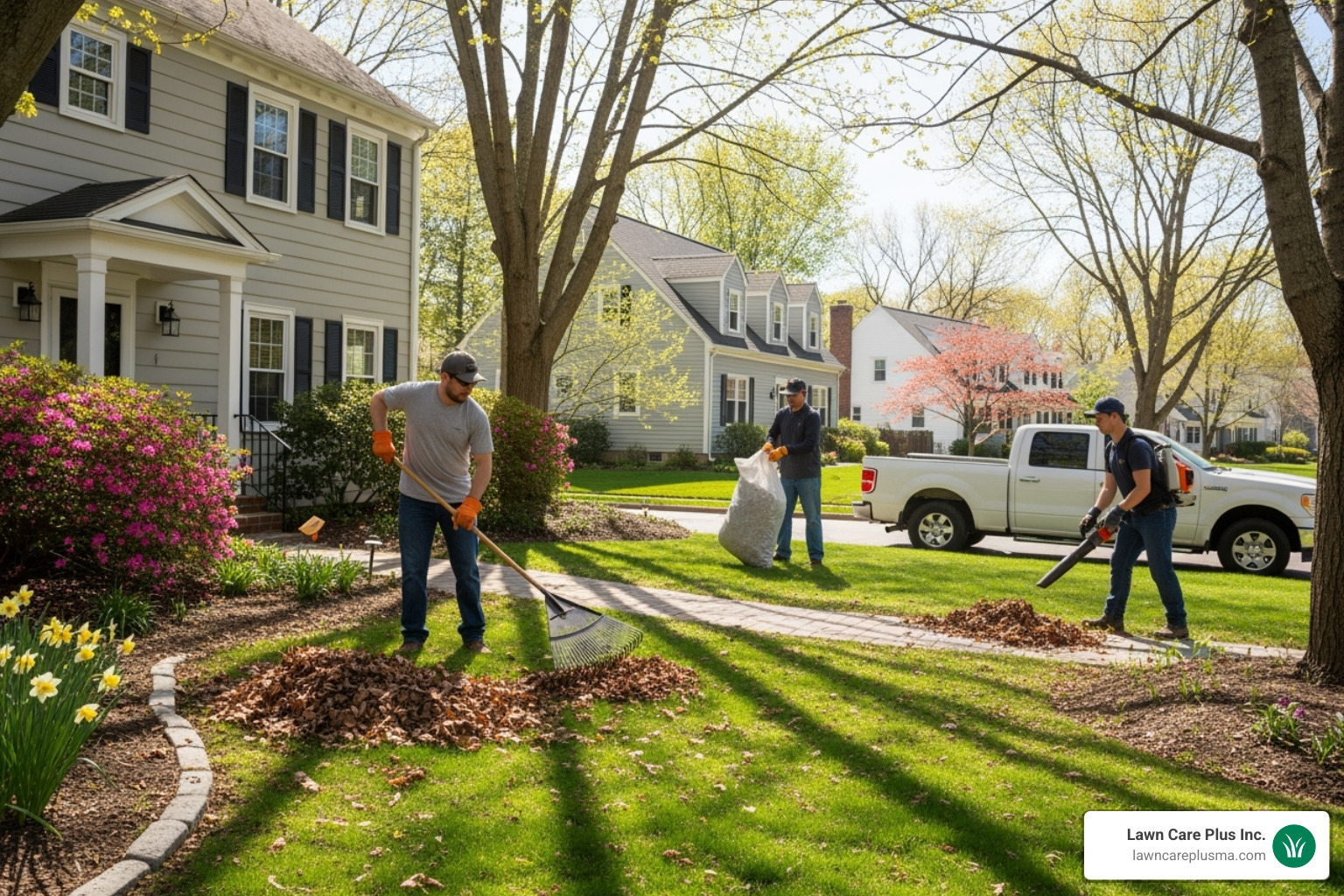 of a landscaping crew raking leaves and clearing debris from a residential yard in spring. - spring cleanup landscaping cost