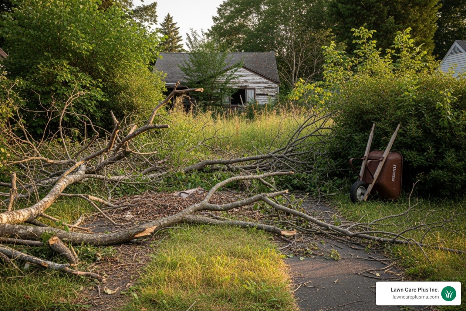 of an overgrown yard with fallen branches to illustrate a high-cost job. - spring cleanup landscaping cost