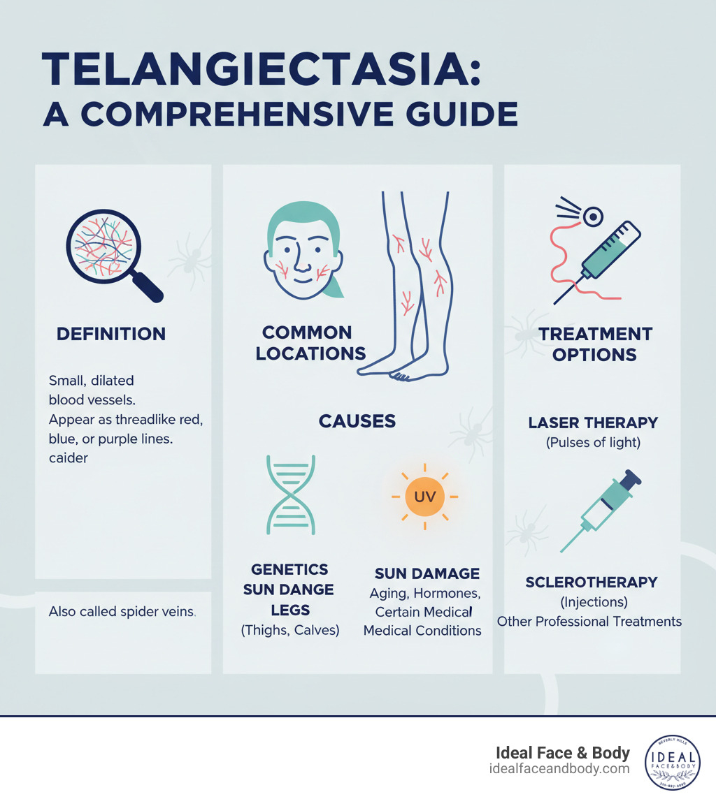 Comprehensive infographic showing telangiectasia definition, common locations on face and legs, causes including genetics and sun damage, and treatment options like laser therapy and sclerotherapy - telangiectasia infographic 