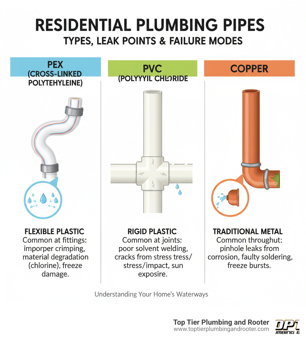 Infographic showing the three main types of residential plumbing pipes - PEX (cross-linked polyethylene) with flexible characteristics, PVC (polyvinyl chloride) with rigid white appearance, and Copper with traditional metal construction, including their typical leak points and failure modes - PEX pipe leak infographic  Infographic showing the three main types of residential plumbing pipes - PEX (cross-linked polyethylene) with flexible characteristics, PVC (polyvinyl chloride) with rigid white appearance, and Copper with traditional metal construction, including their typical leak points and failure modes - PEX pipe leak infographic