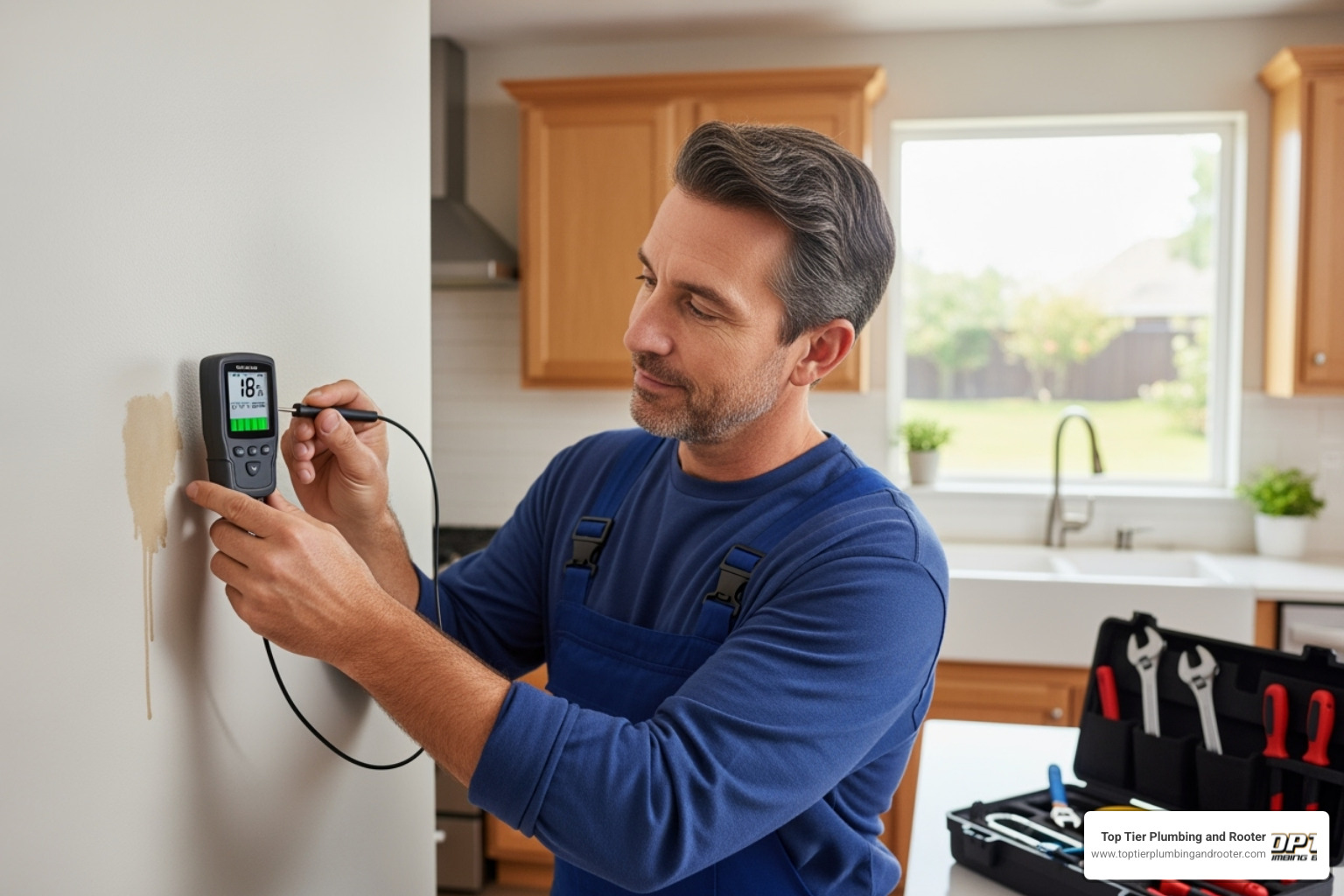Plumber using a moisture meter on a wall - PEX pipe leak Plumber using a moisture meter on a wall - PEX pipe leak