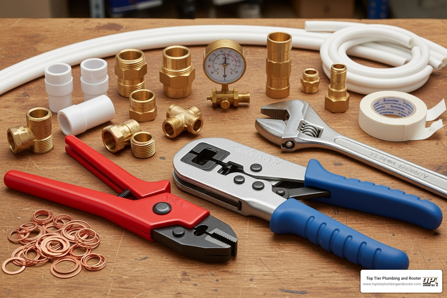 PEX repair tools and materials laid out - PEX pipe leak PEX repair tools and materials laid out - PEX pipe leak