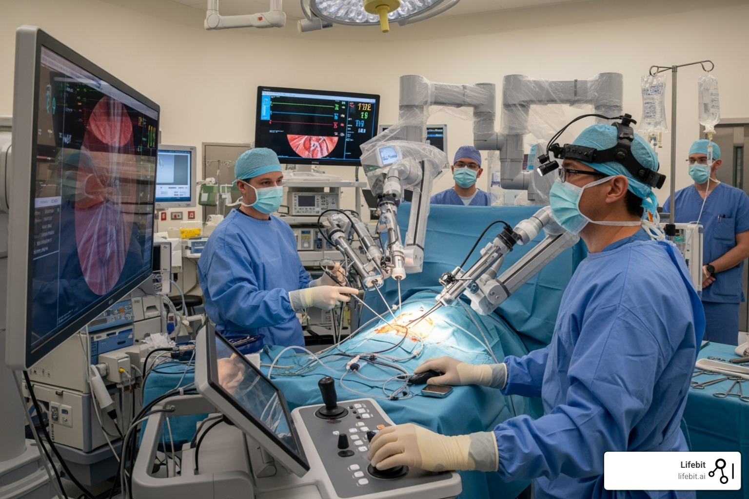 surgeon using an AI-assisted robotic arm during a procedure - AI healthcare solutions