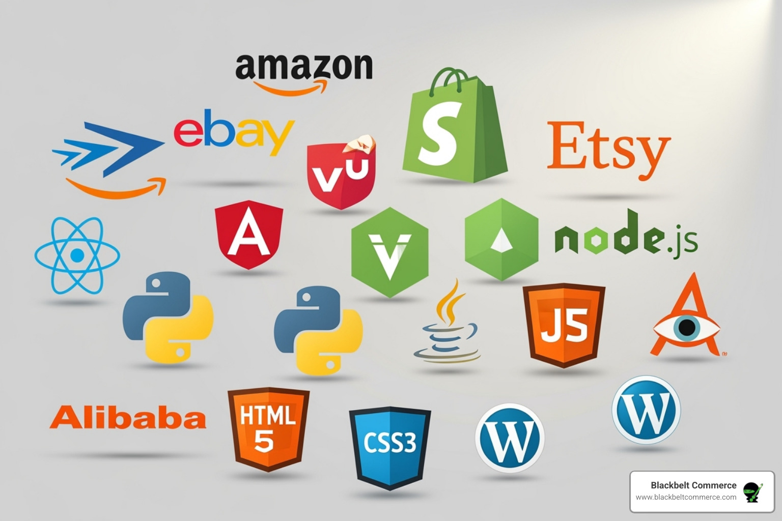 logos for key e-commerce platforms and technologies like Shopify, BigCommerce, HTML, CSS, and APIs - ecommerce implementation specialist