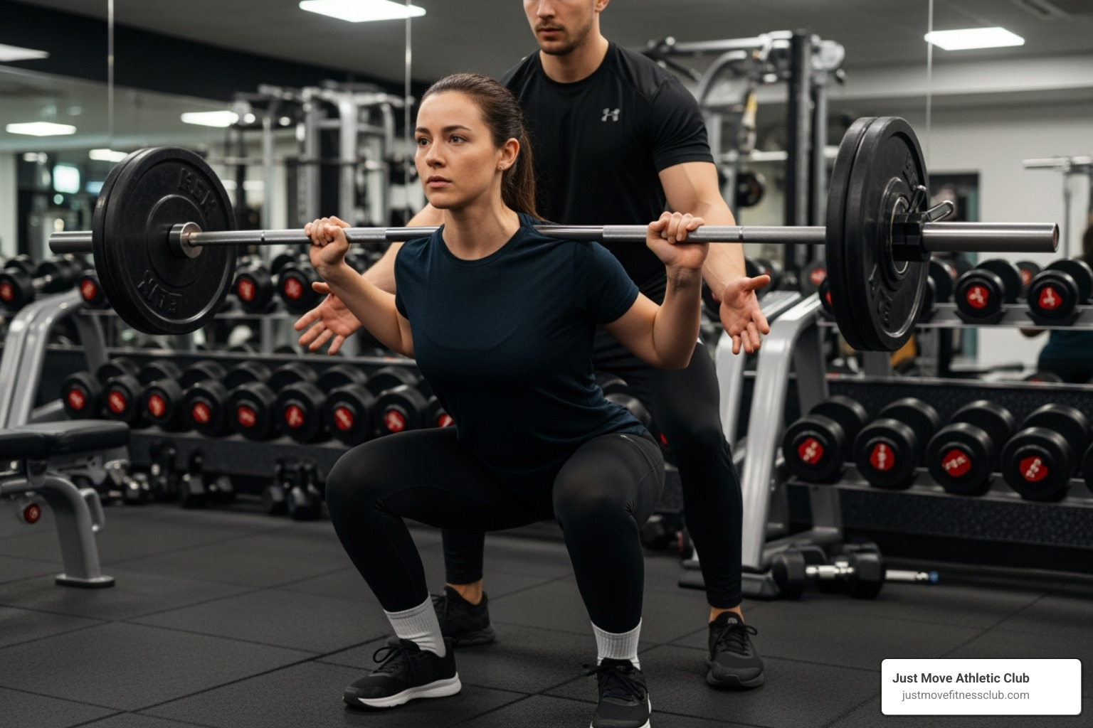 Image of someone lifting weights with proper form, spotted by a trainer - personal training winter haven Image of someone lifting weights with proper form, spotted by a trainer - personal training winter haven