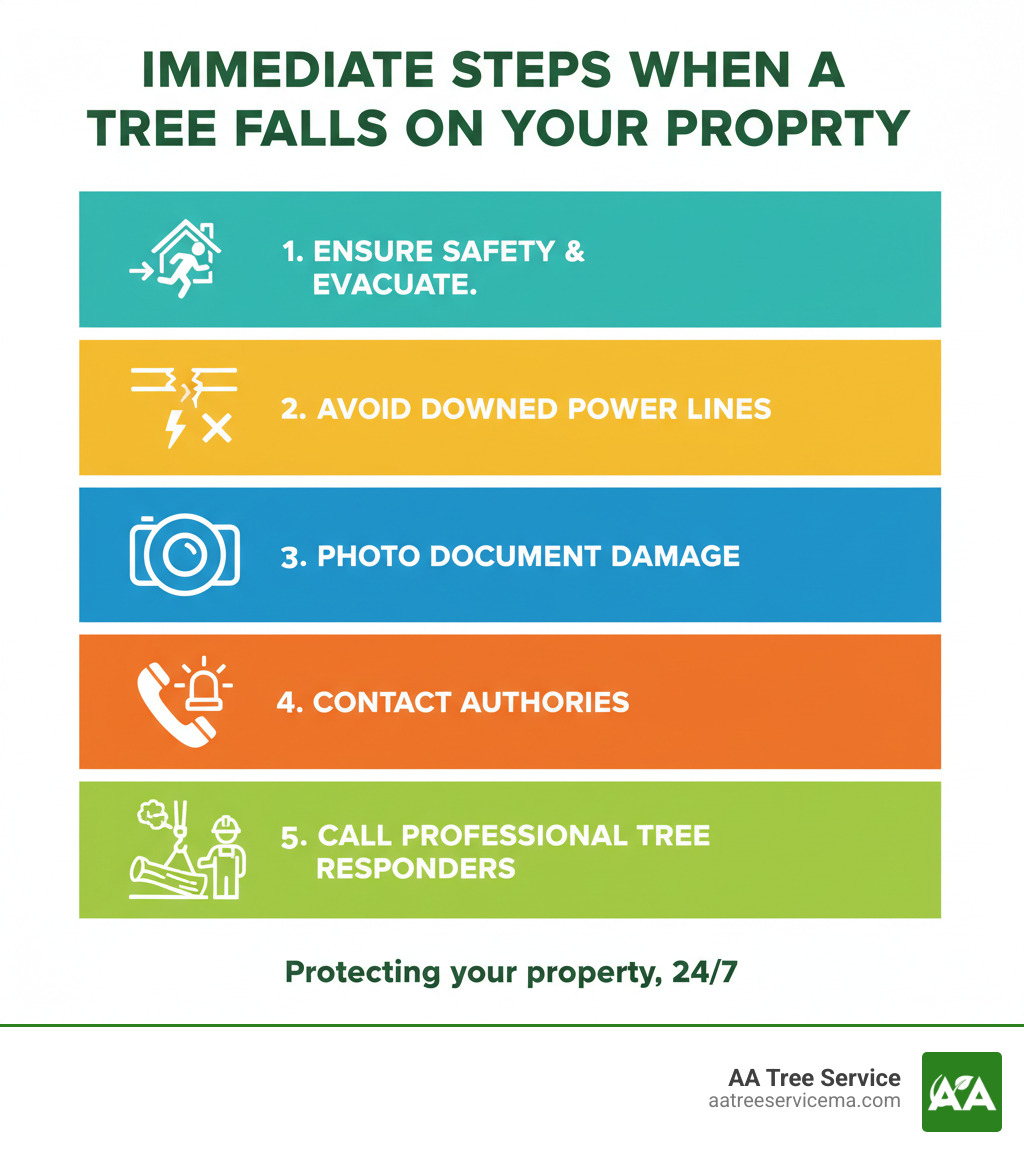 Infographic showing the 5 immediate steps to take when a tree falls on your property: 1. Ensure safety and evacuate if necessary, 2. Stay away from downed power lines, 3. Document damage with photos, 4. Contact authorities if needed, 5. Call professional emergency tree responders - emergency tree responders infographic Infographic showing the 5 immediate steps to take when a tree falls on your property: 1. Ensure safety and evacuate if necessary, 2. Stay away from downed power lines, 3. Document damage with photos, 4. Contact authorities if needed, 5. Call professional emergency tree responders - emergency tree responders infographic